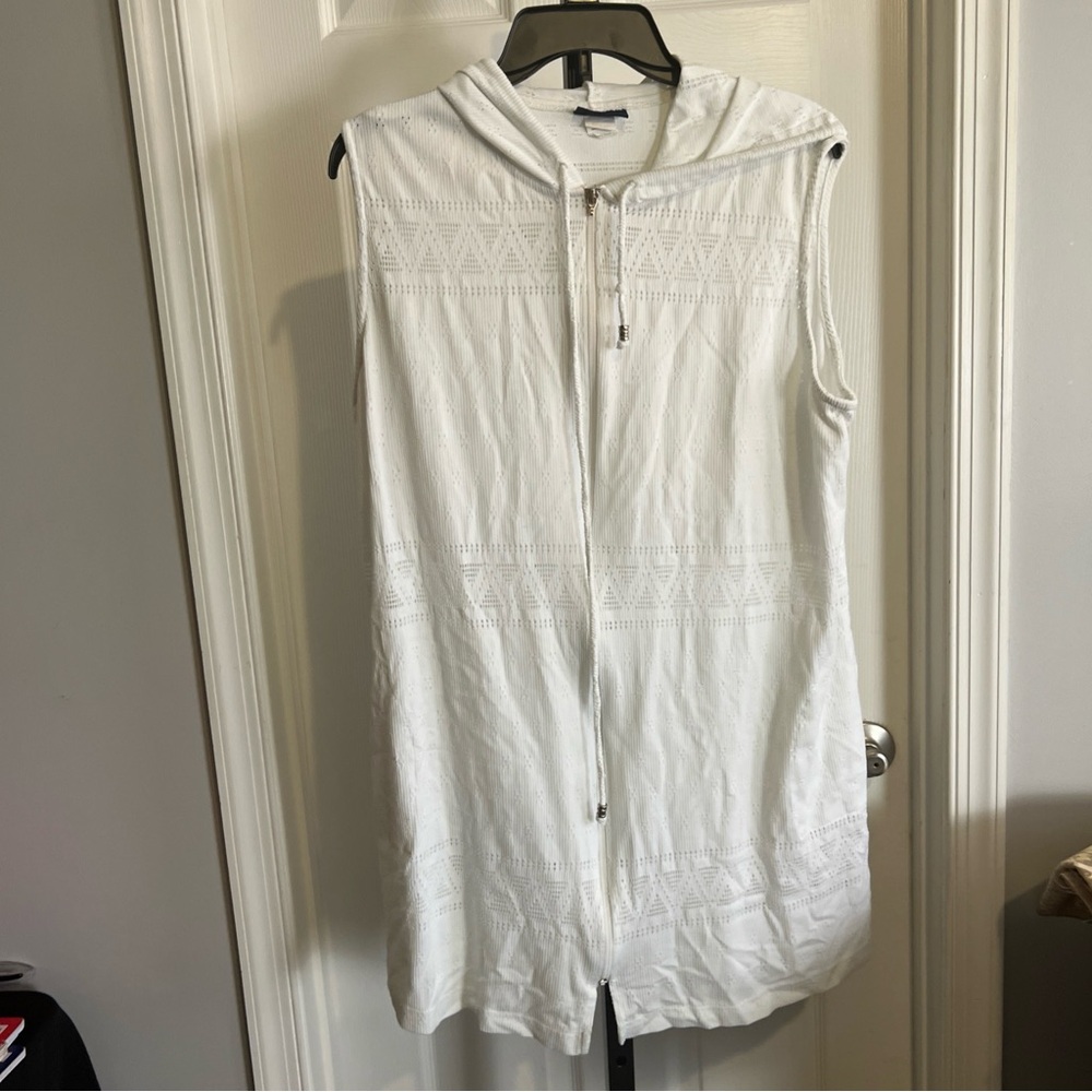 DOTTI White Sleeveless Swim Cover Up Cut Out Full Zip Hoodie Sz Tall Pockets